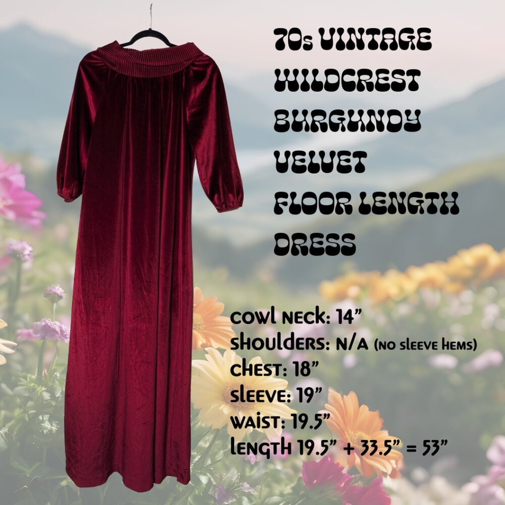 Vintage 70s Wildcrest Burgundy Velvet Floor Length Cowl Neck Dress